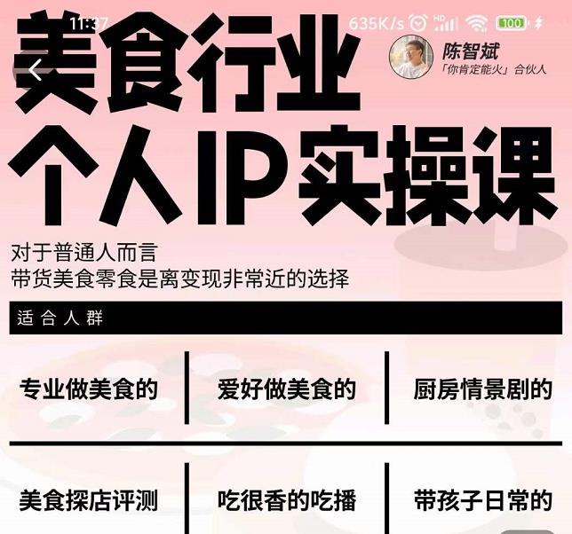 美食行业个人IP实操课，对于普通人而言，带货美食零食是离变现非常近的选择网创吧-网创项目资源站-副业项目-创业项目-搞钱项目念念云网创