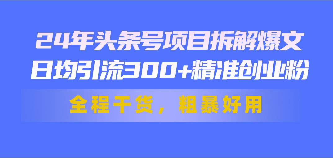 24年头条号项目拆解爆文，日均引流300+精准创业粉，全程干货，粗暴好用网创吧-网创项目资源站-副业项目-创业项目-搞钱项目念念云网创