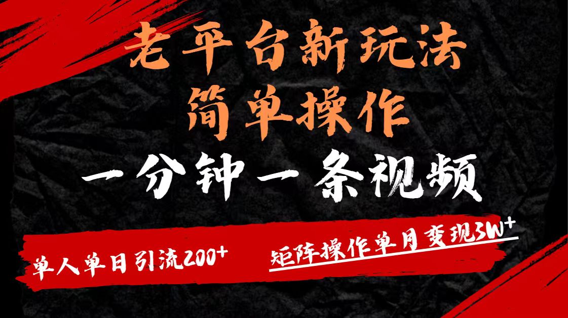 老平台，新玩法，简单操作，一分钟一条视频，单人单人引流200+矩阵操作，单月变现3W网创吧-网创项目资源站-副业项目-创业项目-搞钱项目念念云网创
